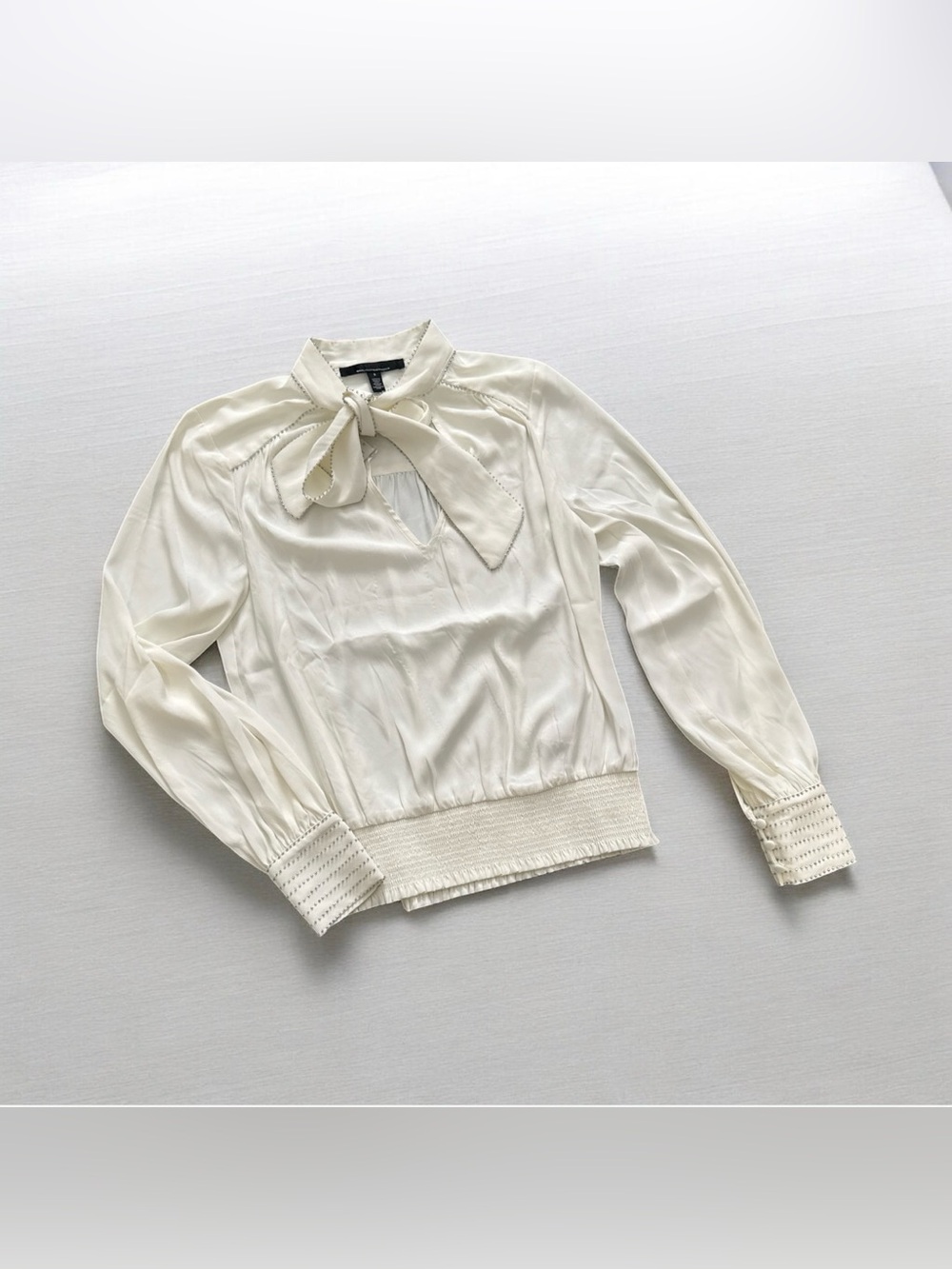 White House Black Market Ecru Tie-Neck Blouse with Smocked Hem